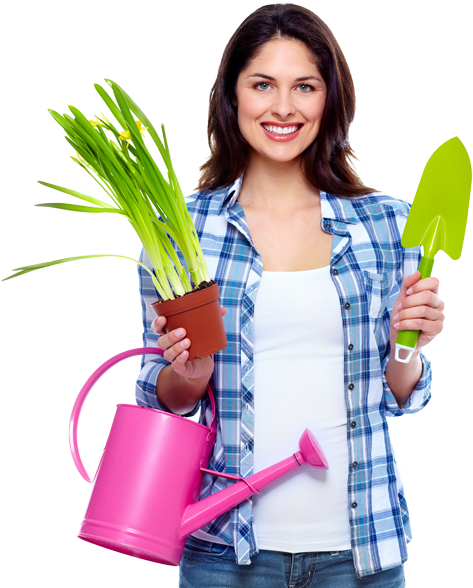 Girl holding potted plant & garden tools