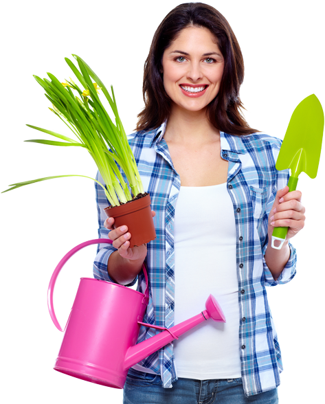 Girl holding potted plant & garden tools